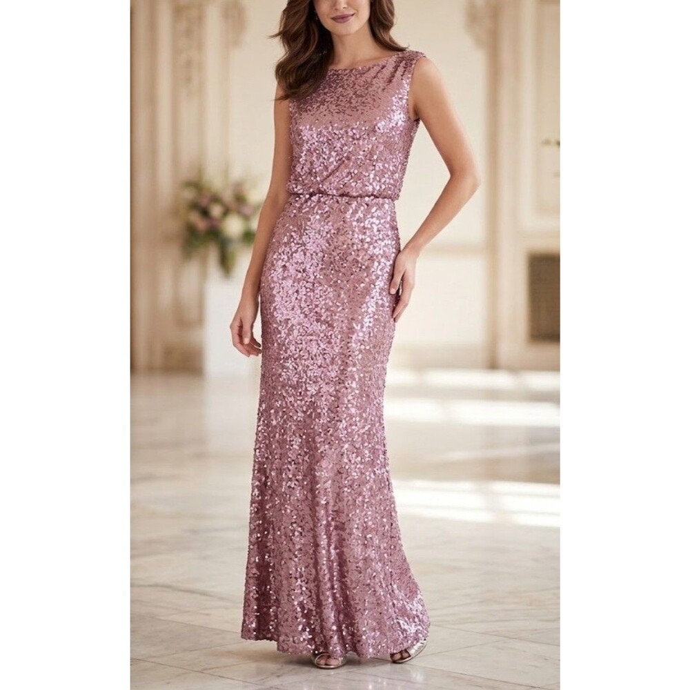 Davids Bridal Blouson Sequin Maxi Dress Dress Gown Formal Pink Rose Small